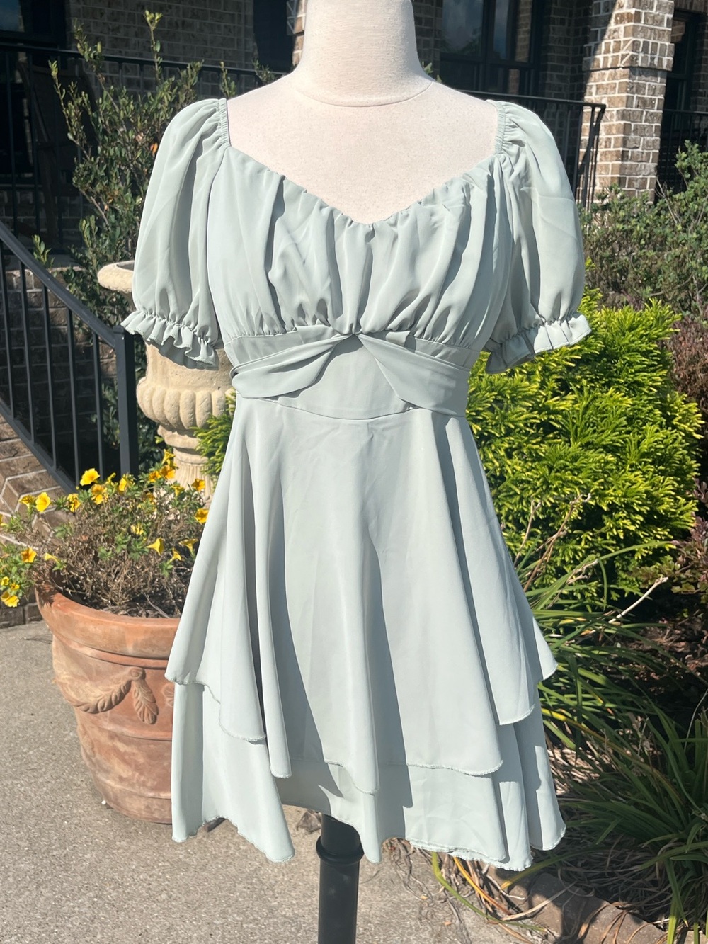 Light Sage Puff Sleeve Tiered Flowy  Dress